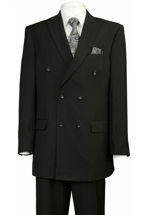 Cheap Priced Suit- Mens Classic Double Breasted Peak Lapel Suit In Black Pinstripe