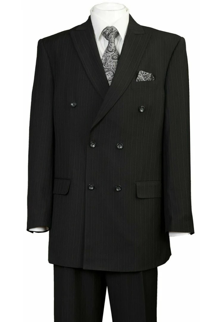 Cheap Priced Suit- Mens Classic Double Breasted Peak Lapel Suit In Black Pinstripe - 38 Short Jacket+32 Waist Adjustable 28to34)(Height: 5 4 to5 7 )(Neck 15-16.5)S-M)
