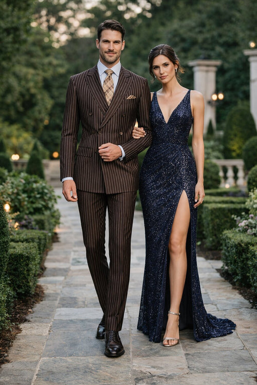 Men's Designer Double Breasted Wool Suit in Bold Brown Gangster Pinstripe.