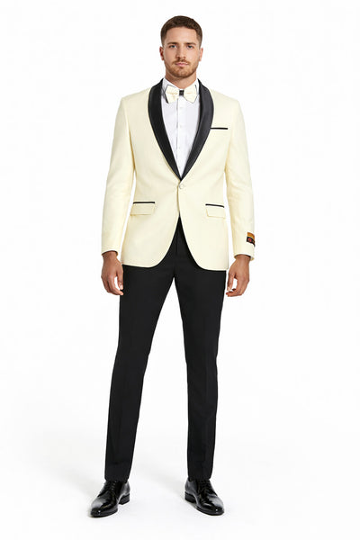 "Mens Modern Fit Ivory Prom 2026 Tuxedo Suit Dinner Jacket with Black Shawl Lapel"