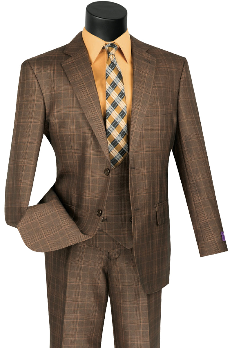Mens Classic Fit Low Cut Vest Glen Plaid Suit in Chestnut - 36 Short