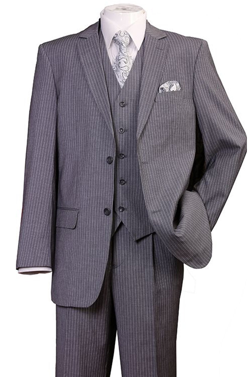 "1920's Bold Gangster Pinstripe Suit - Men's 2 Button Vested in Grey"