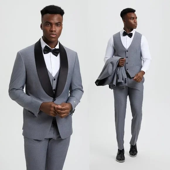 Stacy Adams 3pc Tuxedo Shawl Lapel, Mid Grey - 38 Short Jacket+32 Waist Adjustable 28to34)(Height: 5 4 to5 7 )(Neck 15-16.5)S-M)