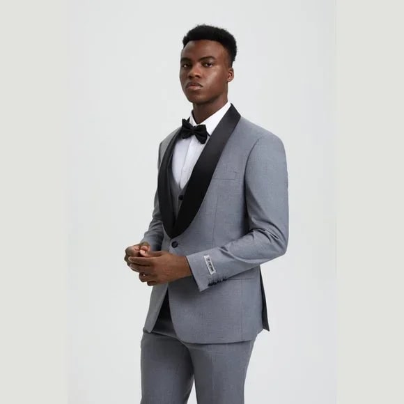 Stacy Adams 3pc Tuxedo Shawl Lapel, Mid Grey - 38 Short Jacket+32 Waist Adjustable 28to34)(Height: 5 4 to5 7 )(Neck 15-16.5)S-M)