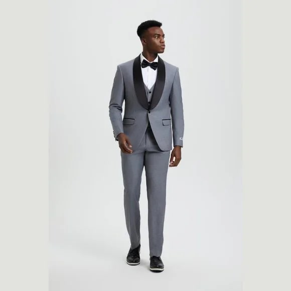 Stacy Adams 3pc Tuxedo Shawl Lapel, Mid Grey - 38 Short Jacket+32 Waist Adjustable 28to34)(Height: 5 4 to5 7 )(Neck 15-16.5)S-M)