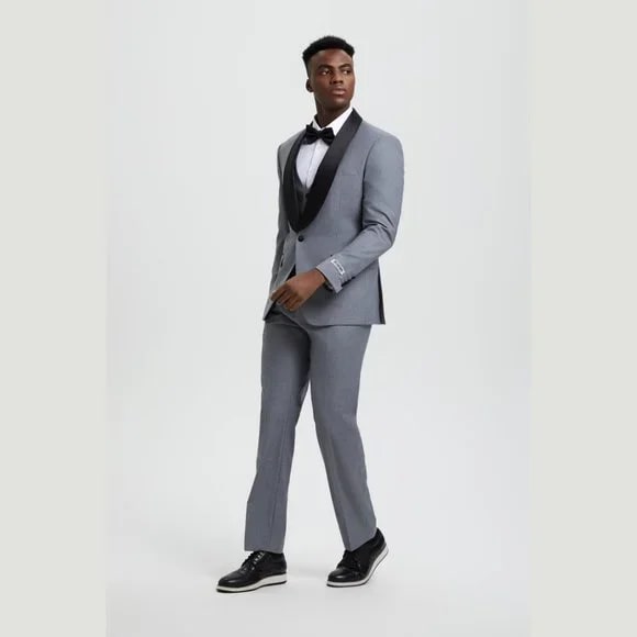 Stacy Adams 3pc Tuxedo Shawl Lapel, Mid Grey - 38 Short Jacket+32 Waist Adjustable 28to34)(Height: 5 4 to5 7 )(Neck 15-16.5)S-M)