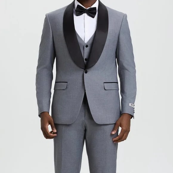 Stacy Adams 3pc Tuxedo Shawl Lapel, Mid Grey - 38 Short Jacket+32 Waist Adjustable 28to34)(Height: 5 4 to5 7 )(Neck 15-16.5)S-M)