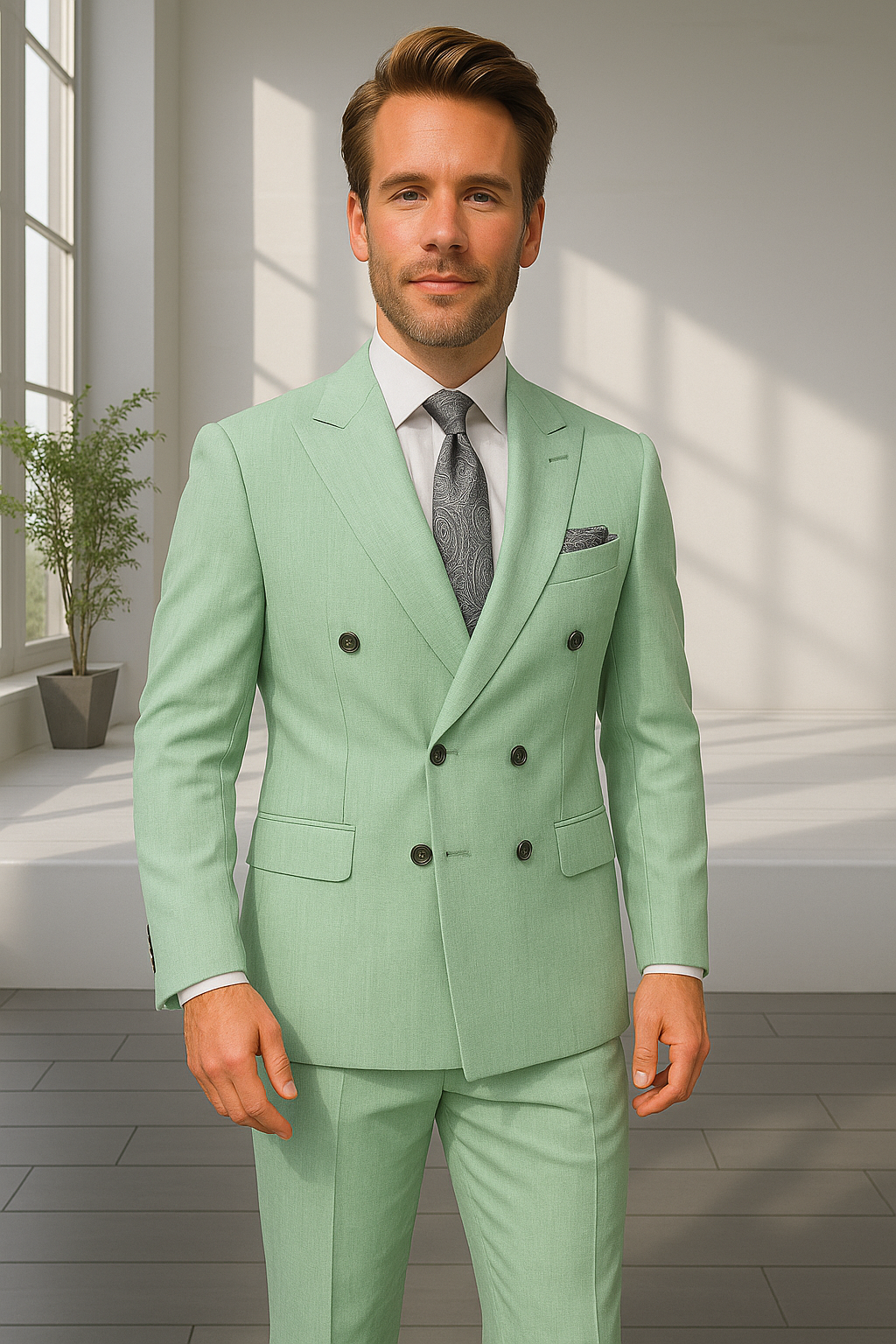 Wool Suit - Italian Made Business Suit by Statement Men's 2 Piece 100% Wool Double Breasted Suit - Pinstripe Pattern - 38R