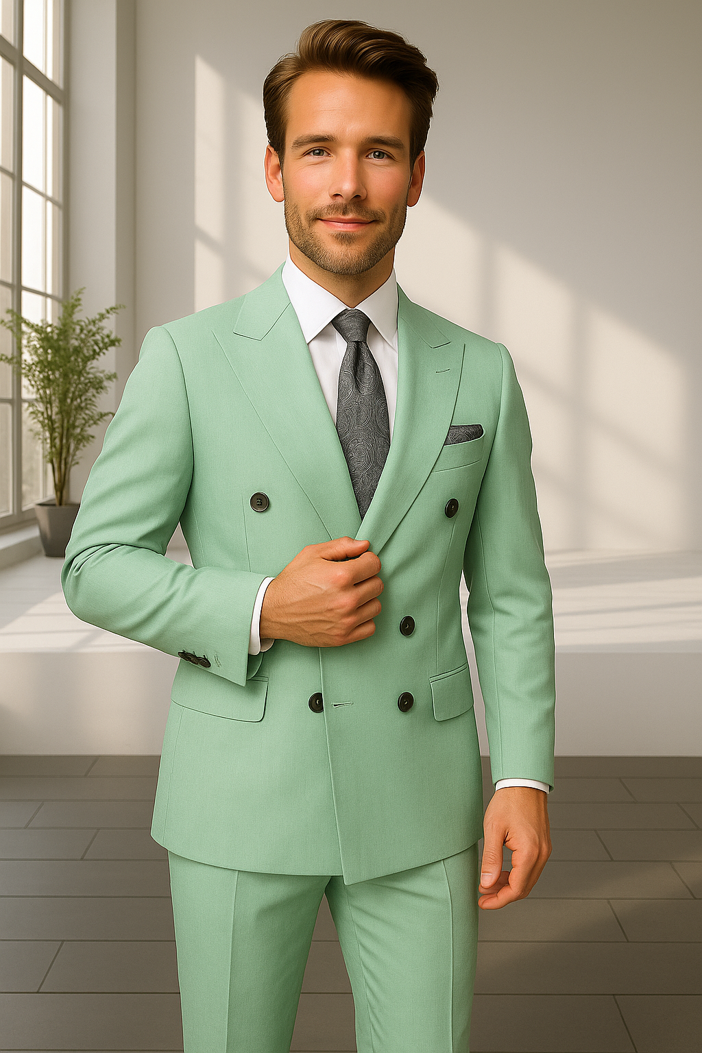 Wool Suit - Italian Made Business Suit by Statement Men's 2 Piece 100% Wool Double Breasted Suit - Pinstripe Pattern - 38R