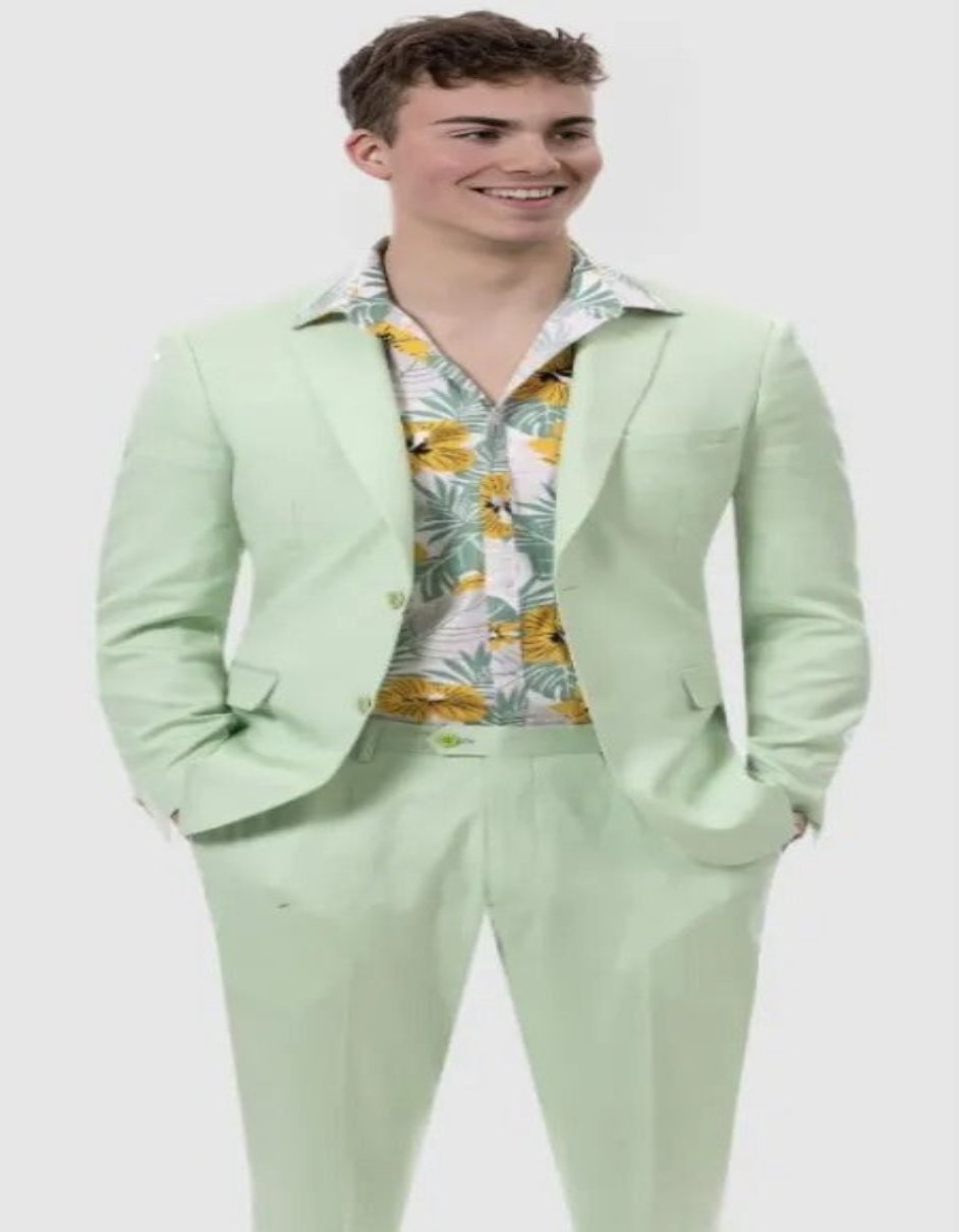 Mens Summer Linen suit - Mint Suit For Man Side Vented Modern Fit Notch Lapel - 38 Short Jacket+32 Waist Adjustable 28to34)(Height: 5 4 to5 7 )(Neck 15- 16.5)S-M)