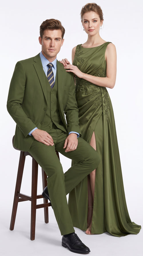 Men’s Olive Classic Fit 3 Piece Suit, Flat Front Vested Formal Wedding Business Suit