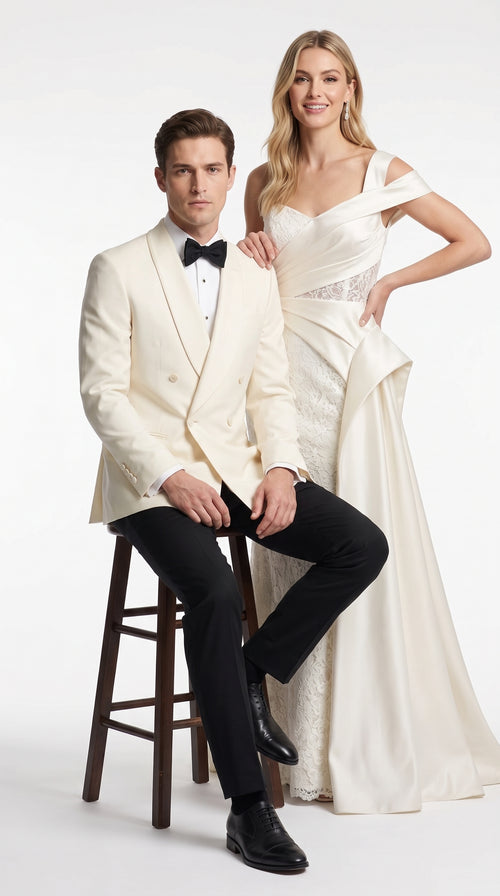 Men’s Ivory Dinner Jacket, Cream Off White Double Breasted Shawl Collar Wedding Tuxedo Blazer