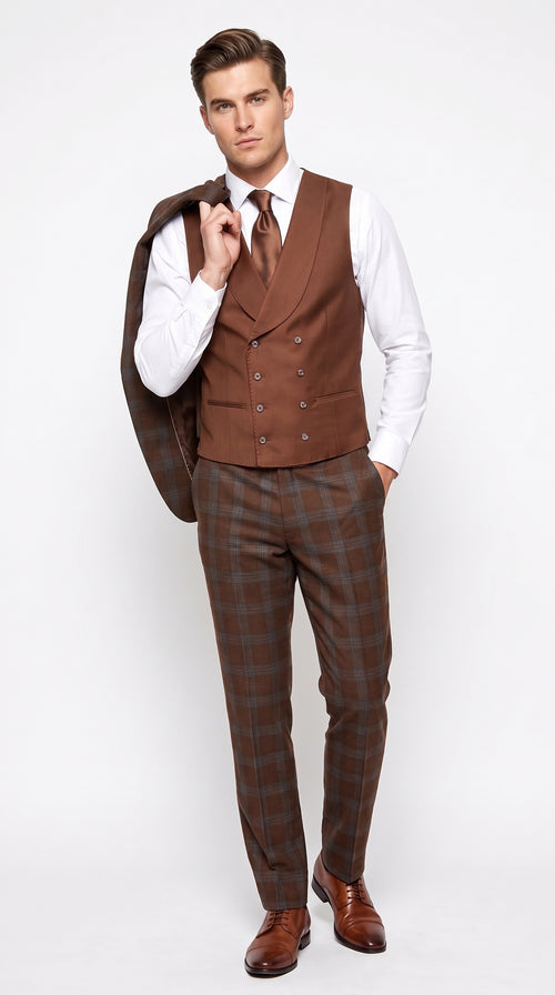 Men’s Copper Plaid Modern Fit Wool Suit, 3 Piece Formal Suit with Double Breasted Vest