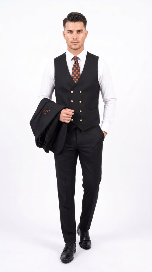 Men’s Black Double Breasted Vested Suit, 1920s 1980s Style Peak Lapel Wool Feel Designer Suit with Gold Buttons