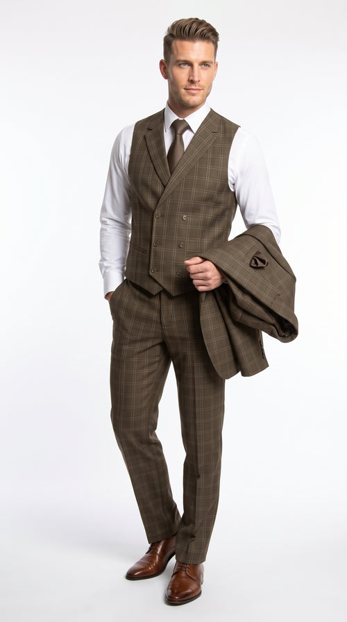 Men’s Brown Windowpane Plaid 3 Piece Suit, Double Breasted Vest Formal Wedding Business Suit