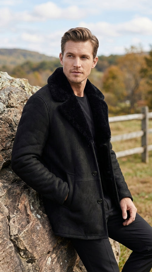 Men’s Black Shearling Jacket with Faux Fur Collar, Western Winter Coat for Casual Wear