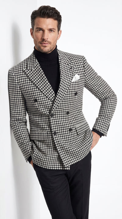 Men’s Black and White Houndstooth Blazer, 100% Wool Modern Fit Sport Coat