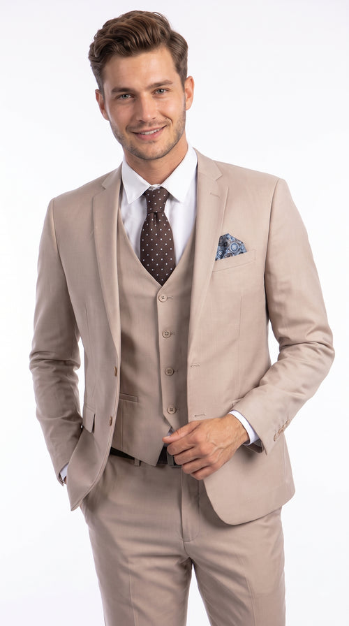 Men’s Medium Tan 3 Piece Suit, Slim Fit Two Button Vested Formal Wedding Business Suit