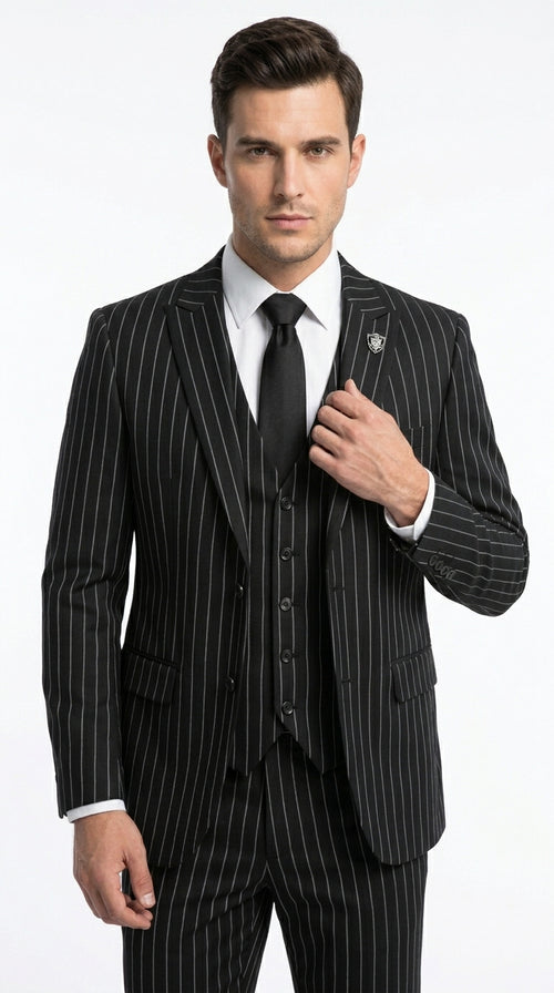 Men’s Black 2 Button Gangster Pinstripe Suit, Striped Pattern Homecoming 3 Piece Dress Suit