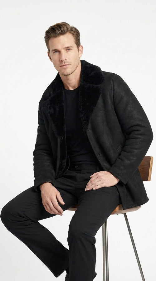Men’s Black Shearling Jacket with Faux Fur Collar, Western Winter Coat for Casual Wear