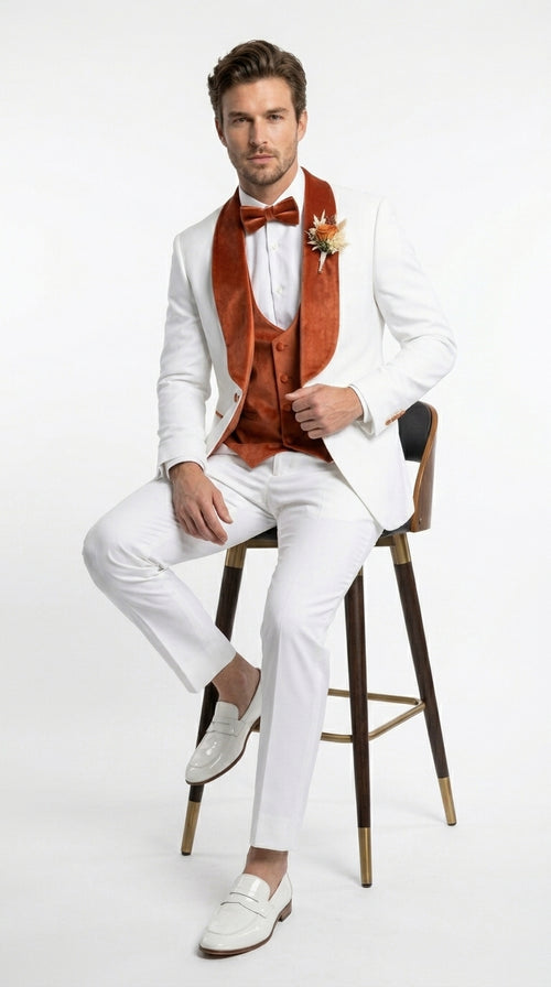 Men’s Cream Wedding Suit with Orange Contrast Shawl Lapel, Vested Groom Formal Suit Set