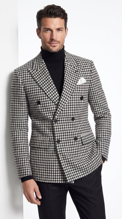 Men’s Black and White Houndstooth Blazer, 100% Wool Modern Fit Sport Coat