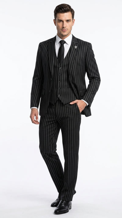 Men’s Black 2 Button Gangster Pinstripe Suit, Striped Pattern Homecoming 3 Piece Dress Suit