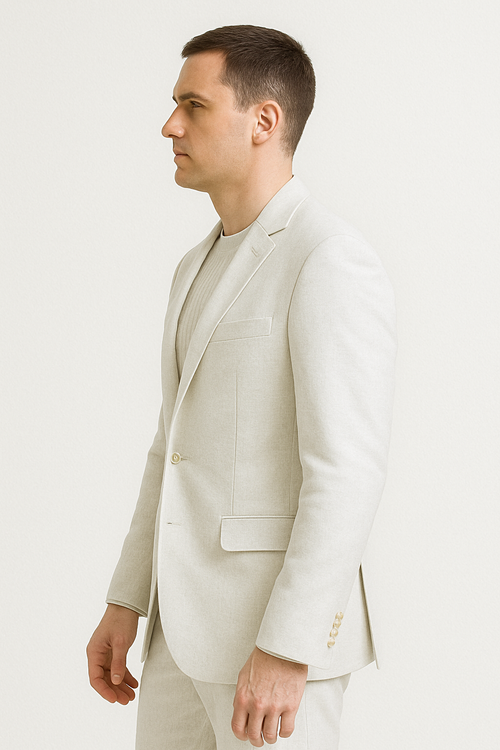 Mens Two Piece Linen Suit Relaxed Hybrid Fit No Collar