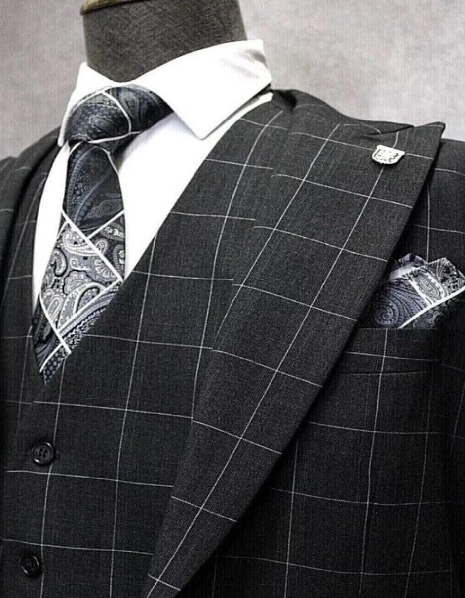 Mens Two Button Peak Lapel Plaid Pattern Suit Charcoal ~ White - Coat Size 38