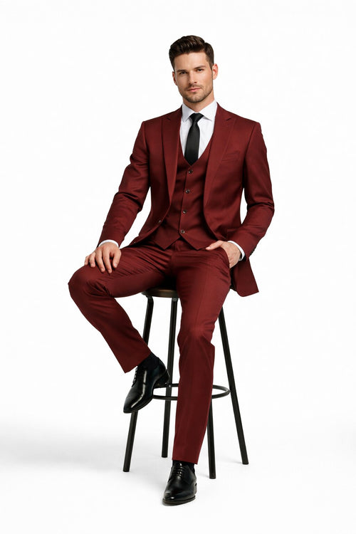 Mens Stacy Adams Suits - Designer Suit - 3 Piece Suit - Vested Suit - Flat Front Pant- Modern Fit Suits Cherry Suit