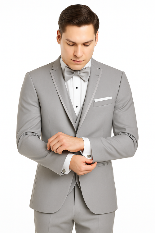 Mens Designer Marseille One Button Satin Trimmed Peak Tuxedo Light Grey