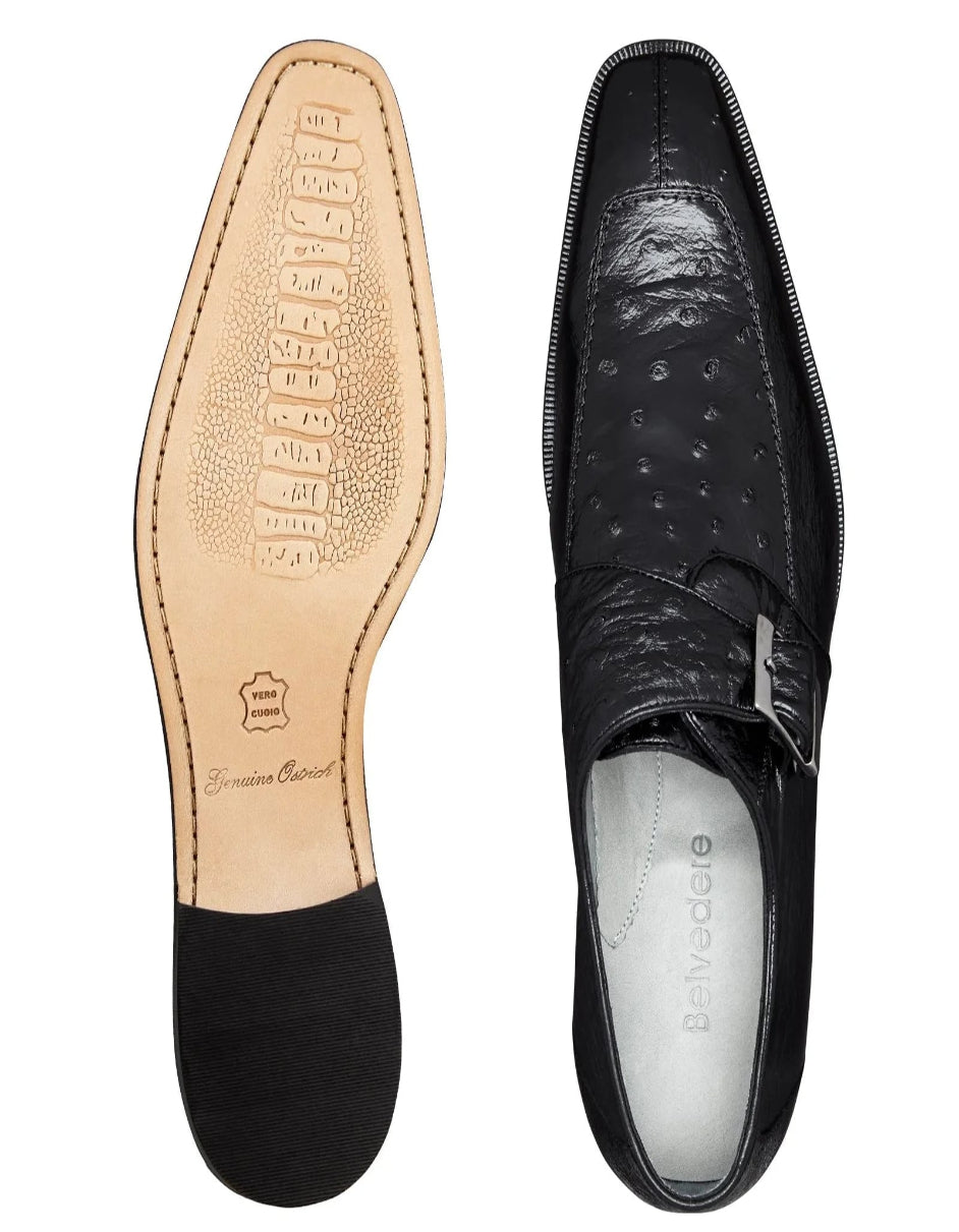 Men's Belvedere Josh Single Monkstrap Ostrich Dress Black Shoe - US 8.0 Standard/D/ Medium / Eu:41-42