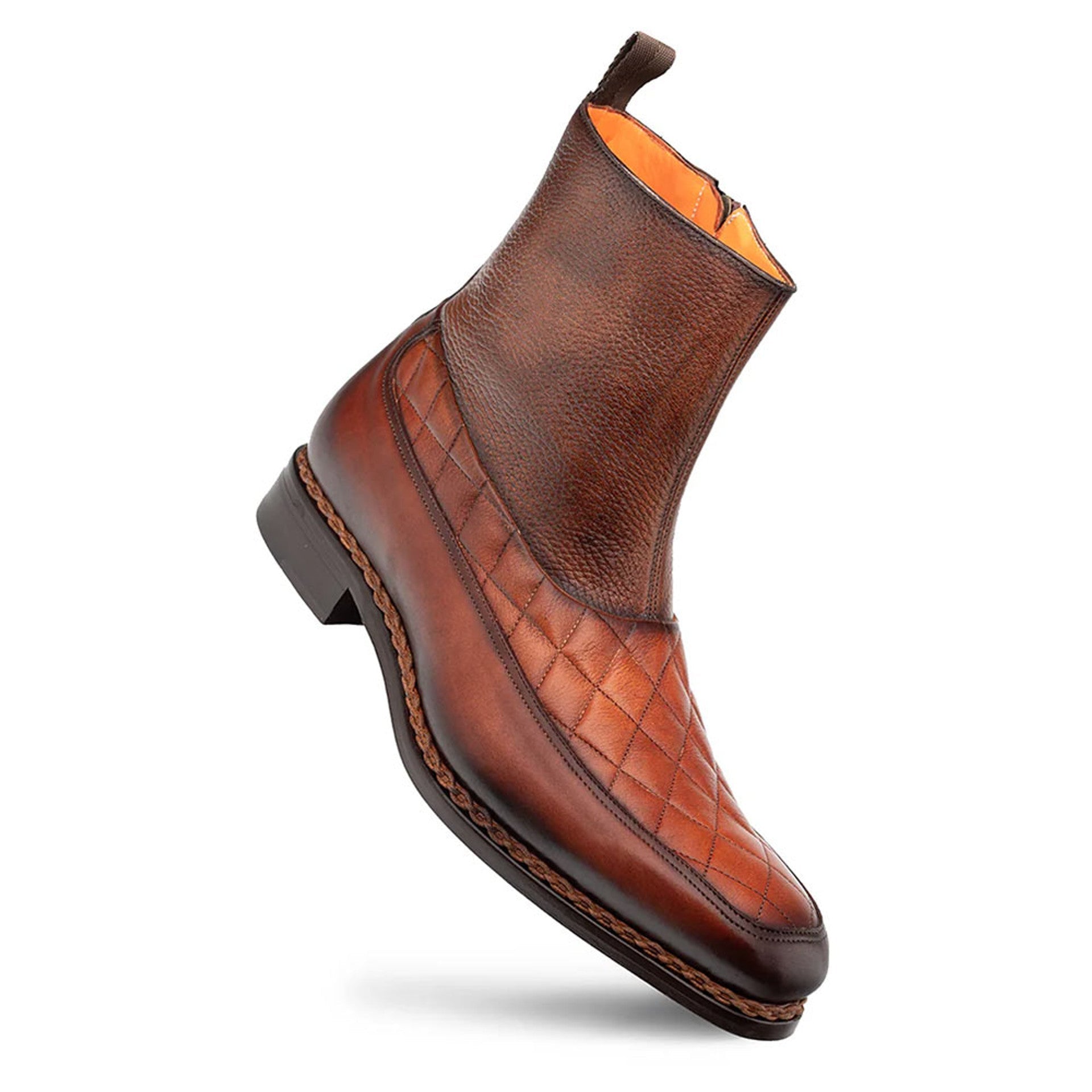 Musico Dark Cognac/Chocolate Calfskin with Contrast-Braided Sole Dress Zip Boots By Mezlan Made In Spain Brand - 8