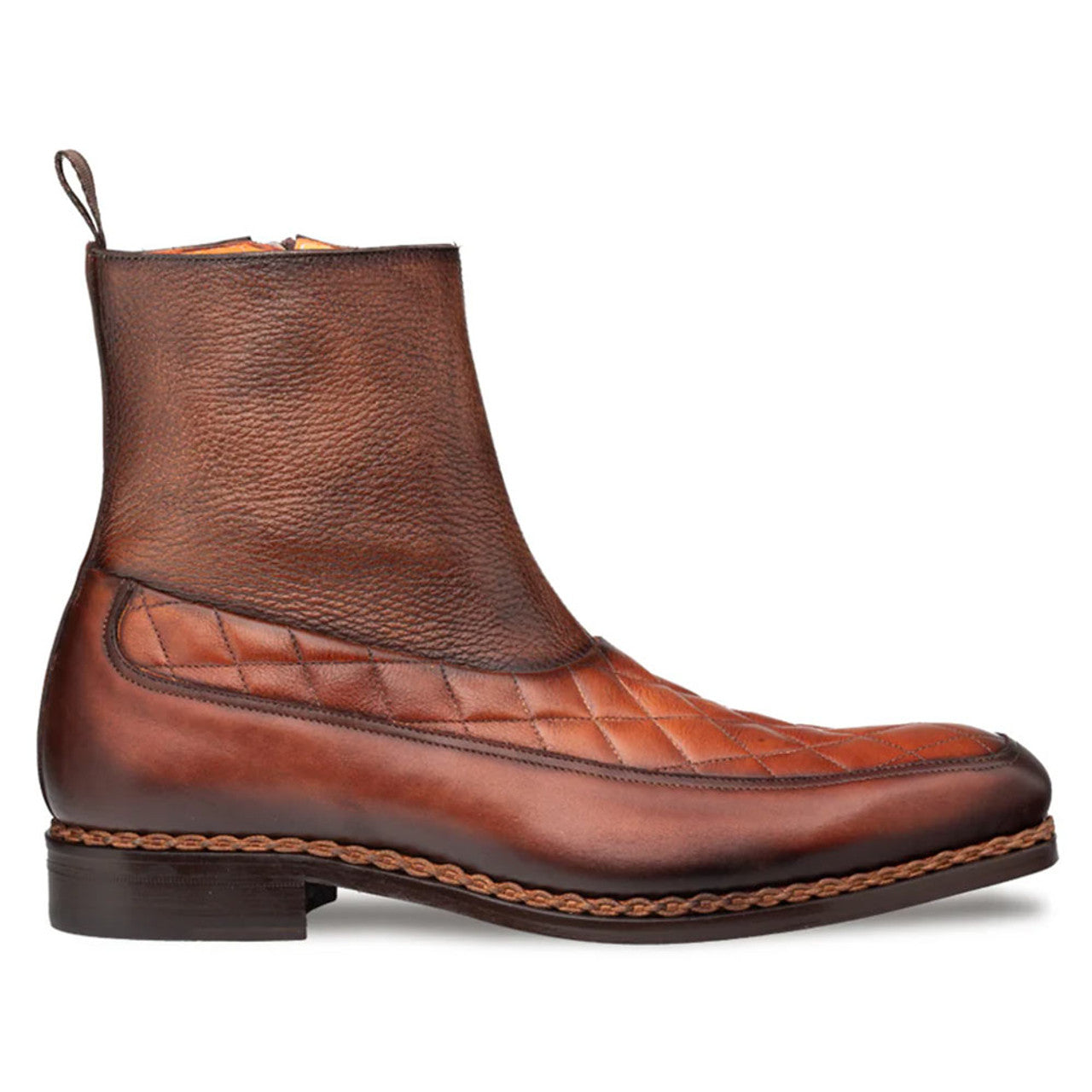 Musico Dark Cognac/Chocolate Calfskin with Contrast-Braided Sole Dress Zip Boots By Mezlan Made In Spain Brand - 8