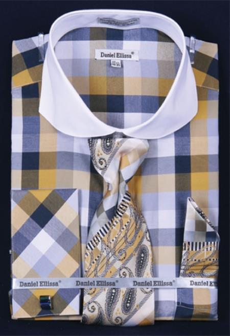 French Cuff Set White Collar Two Toned Contrast Bright Checker Mustard Plaid ~ Windowpane Men's Dress Shirt - Large 16.5" Neck / 36-37" sleeve