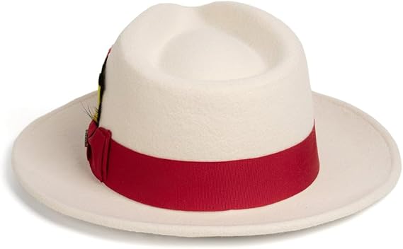 Gangster 100% Austrailian Wool Crushable Mens Fedora Hat - Removable Feather Gangster White and Red Mens Fedora Hat - Small