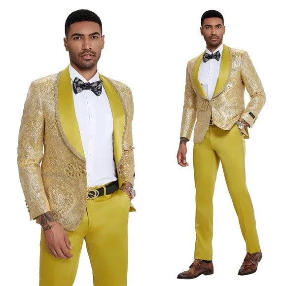 2026 Prom 2026 Special Mustard Paisley 2pc Mens Suit by Tazzio
