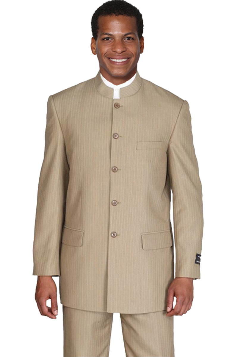 "Mandarin Pinstripe Suit for Men - 5 Button Style in Tan"