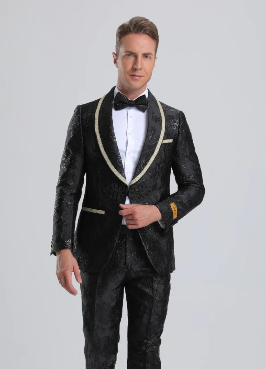 Best Men's Fancy Black Floral Paisley Prom Tuxedo with Gold Trim - For Men  Fashion Perfect For Wedding or Prom or Business  or Church