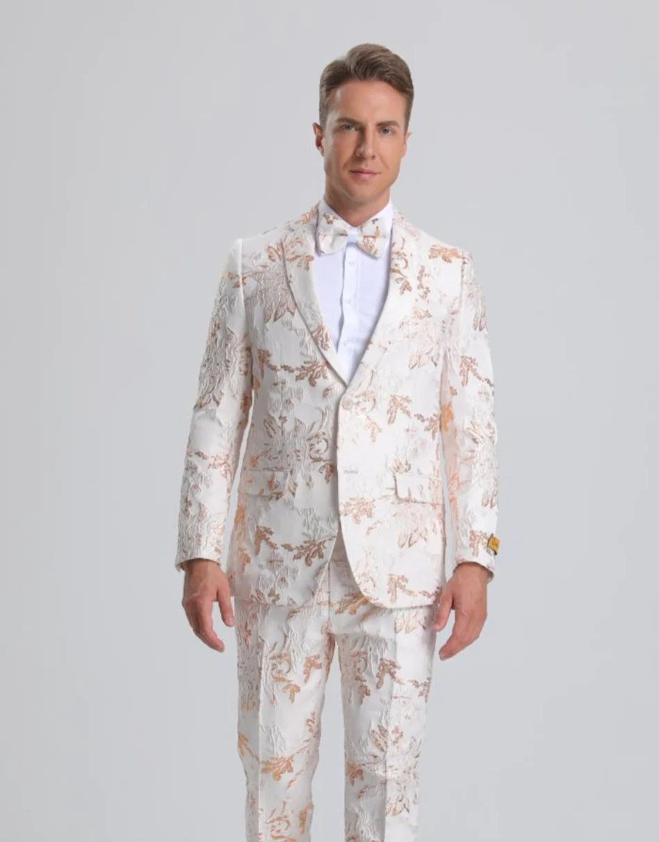 Best Men's White & Peach Floral Paisley Prom Tuxedo - For Men  Fashion Perfect For Wedding or Prom or Business  or Church