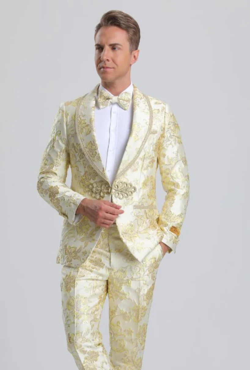 "Men's Fancy Ivory & Gold Floral Paisley Prom Tuxedo Suit with Gold Trim"