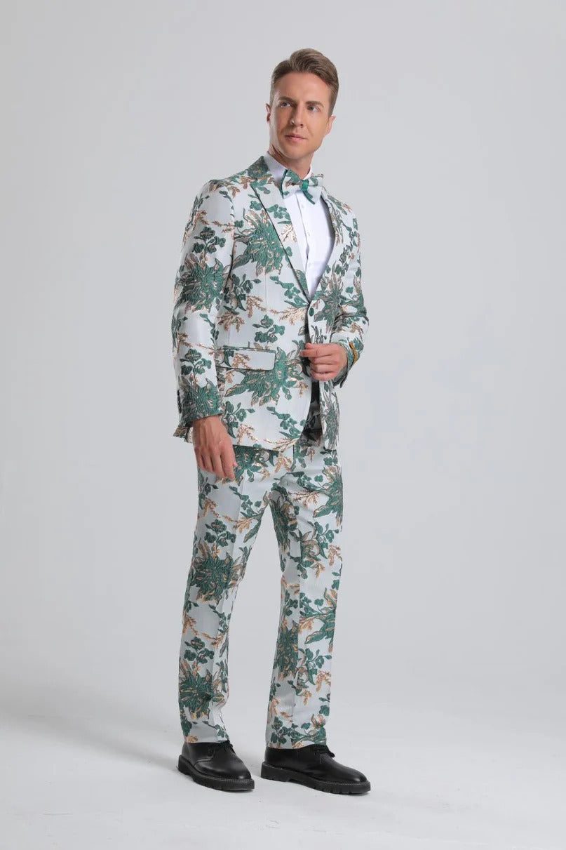 Men's Green, White & Gold Floral Paisley Prom 2025 Tuxedo - Coat Size 38