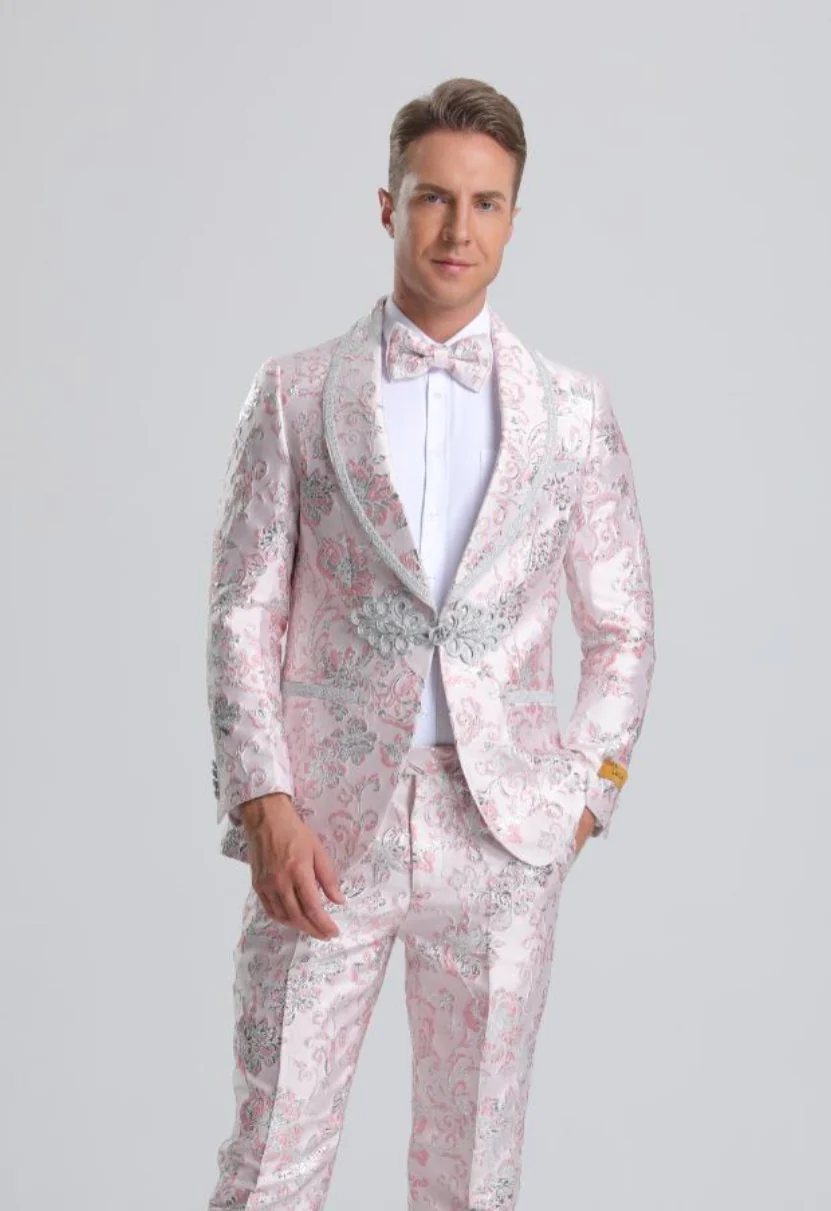 Best Men's Fancy Pink Floral Paisley Prom Tuxedo with Silver Trim  - For Men  Fashion Perfect For Wedding or Prom or Business  or Church