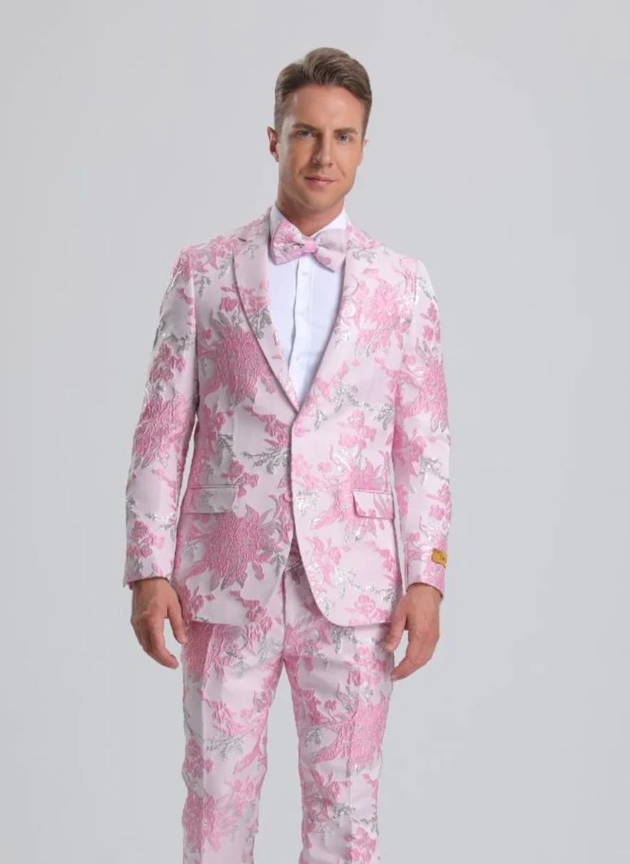 Best Men's Pink & Silver Floral Paisley Prom 2025 Tuxedo - For Men Fashion Perfect For Wedding or Prom 2025 or Business or Church - XS