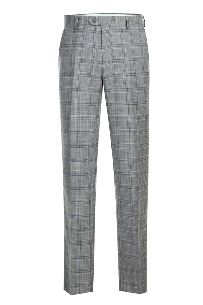 "Classic Fit Men's Two-Button Suit in Light Grey & Navy Blue Plaid"