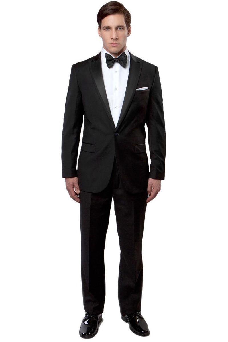 Black Men's Slim Fit Tuxedo with Satin Trim - One Button Peak Lapel for Prom & Wedding