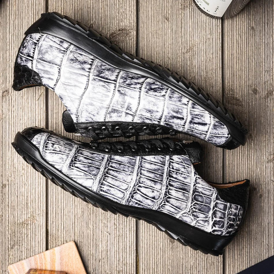 Marco Di Milano Saulo Men's Shoes Black & Newspaper Exotic Ostich / Alligator Casual Sneakers - 8