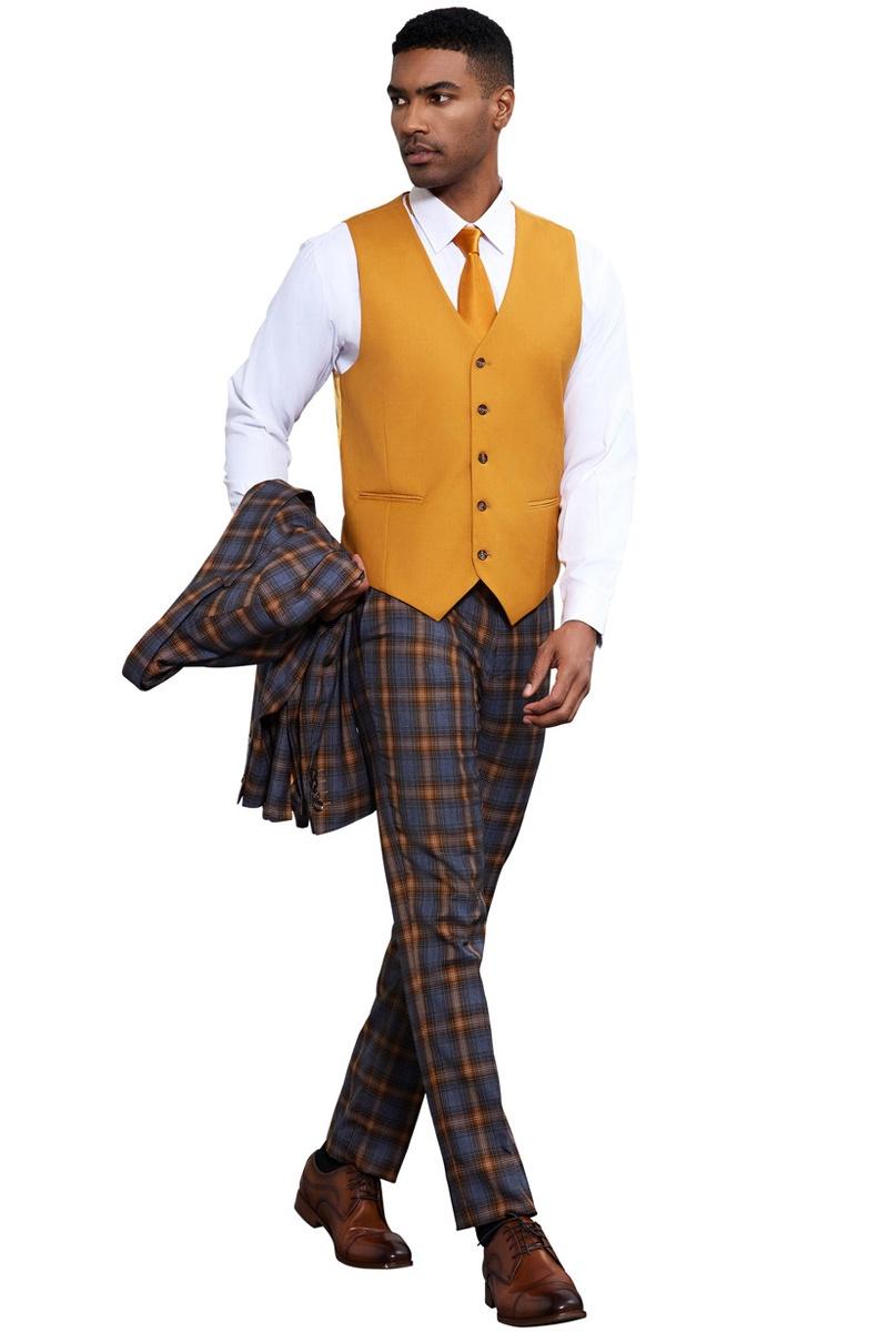 Men's Stacy Adams Bold Windowpane Plaid Print Vested Suit in Grey & Gold - 38 Regular