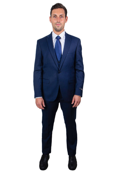 "Navy Blue Men's Skinny Wedding & Prom 2026 Suit with One Button Peak Lapel & Lowcut Vest"