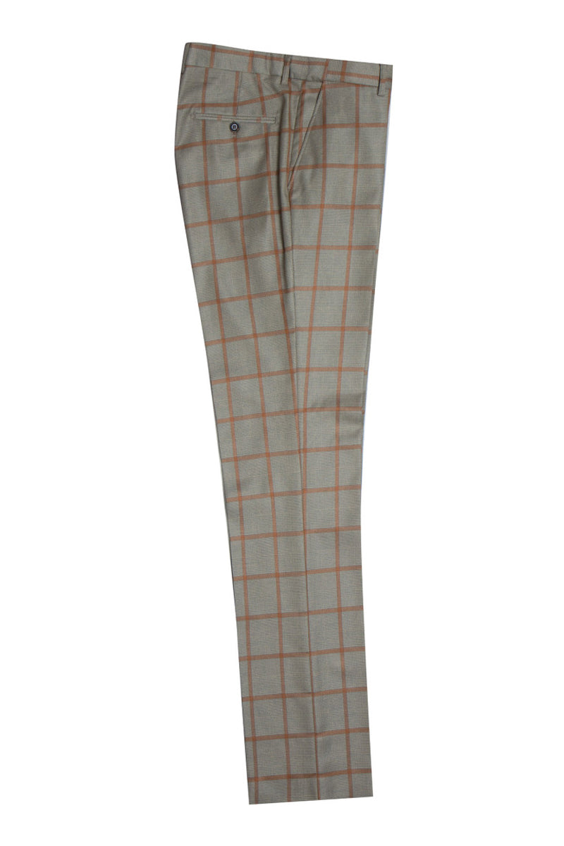 "Mens Stacy Adams Suit - Stacy Adams Suit Men's Vested Suit - Tan & Gold Windowpane Plaid, One Button Peak Lapel" - 34 Regular